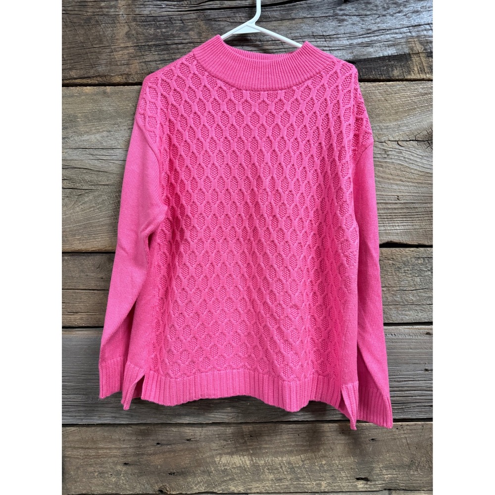 Talbots Pink Honeycomb Knit Mock Neck Sweater Womens Large Cotton Blend Pullover